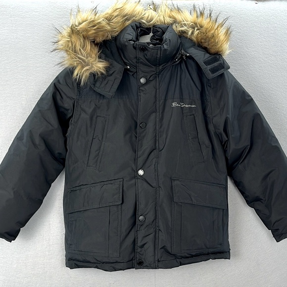 Ben Sherman Boys Faux fur hooded parka jacket black double zipper